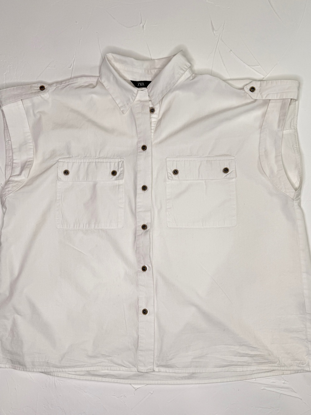 Zara White Sleeveless Utility Shirt Safari Blouse Cap Sleeve Pockets Sz M Cotton
